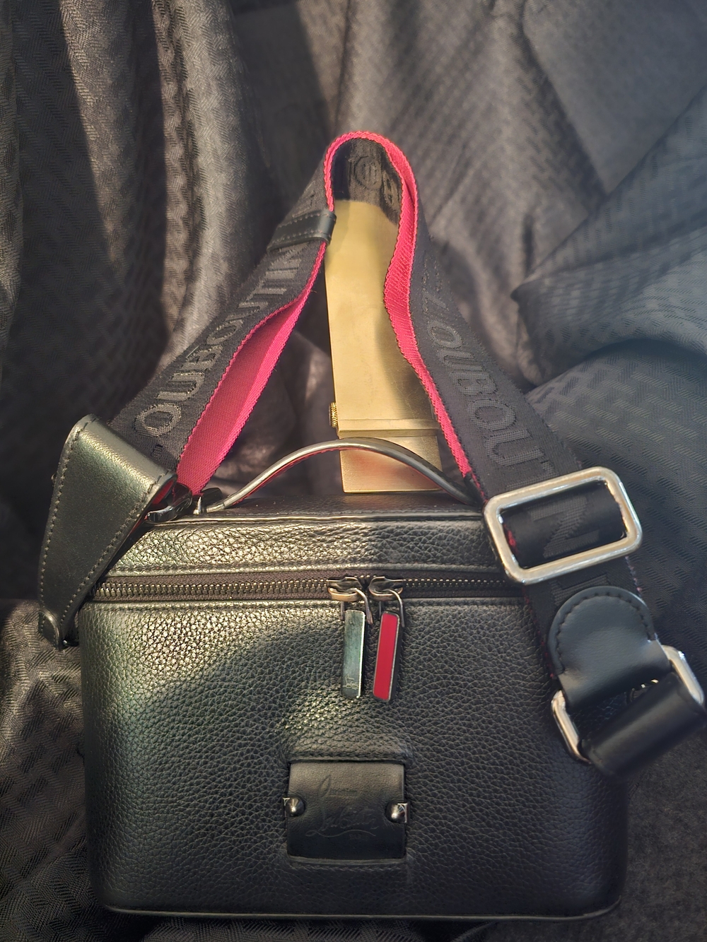 Christian Louboutin Bum Loubilab Black Pebbled Leather Crossbody Bag Red Lining
